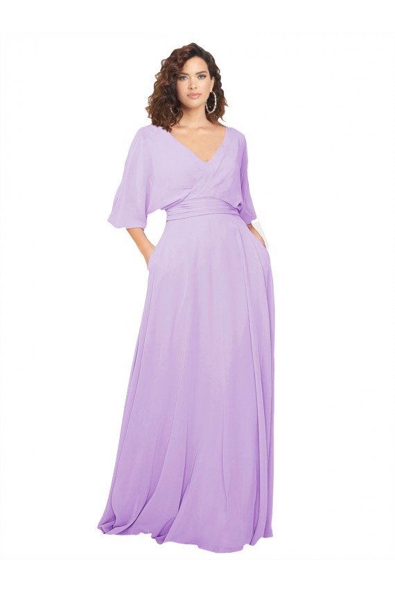 V-Neck Long Lxue Chiffon Lilac Half Sleeves Bridesmaid Dress Victoria