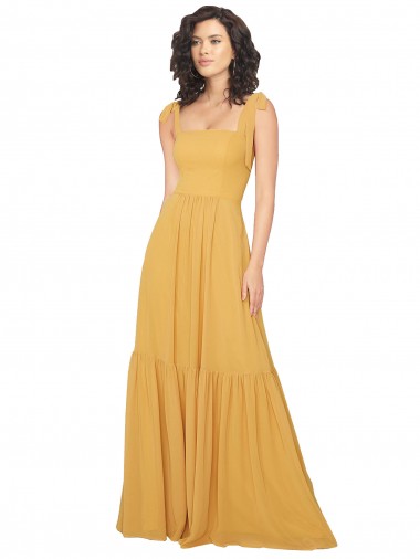 Square Neck Long Soft Chiffon Saffron Sleeveless Bridesmaid Dress Victoria