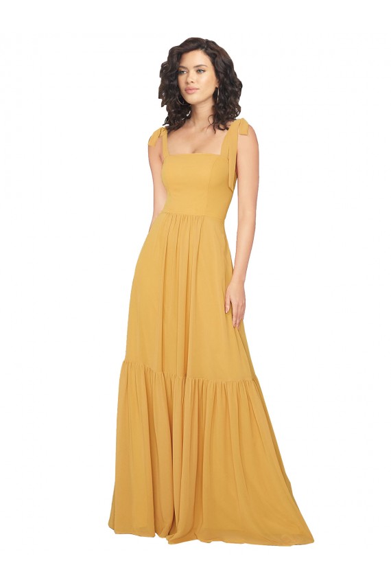 Square Neck Long Soft Chiffon Saffron Sleeveless Bridesmaid Dress Victoria