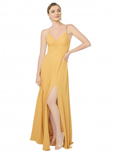 V-Neck Long Chiffon Saffron Sleeveless Bridesmaid Dress / Evening Dress Victoria