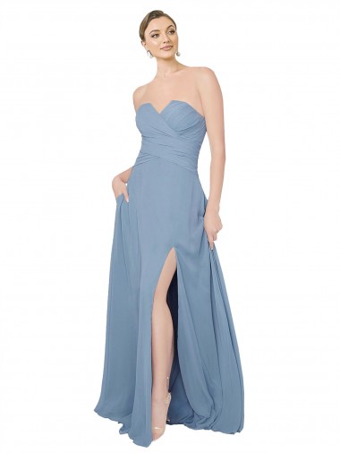 Strapless Long Chiffon Dusty Blue Sleeveless Bridesmaid Dress / Evening Dress Victoria