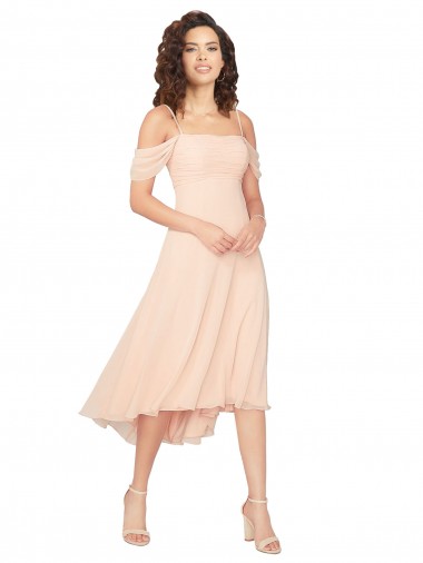 Square Neck Midi Length Soft Chiffon Ice Pink Cold Shoulder High Low Bridesmaid Dress Victoria