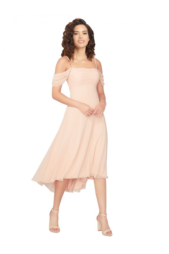 Square Neck Midi Length Soft Chiffon Ice Pink Cold Shoulder High Low Bridesmaid Dress Victoria