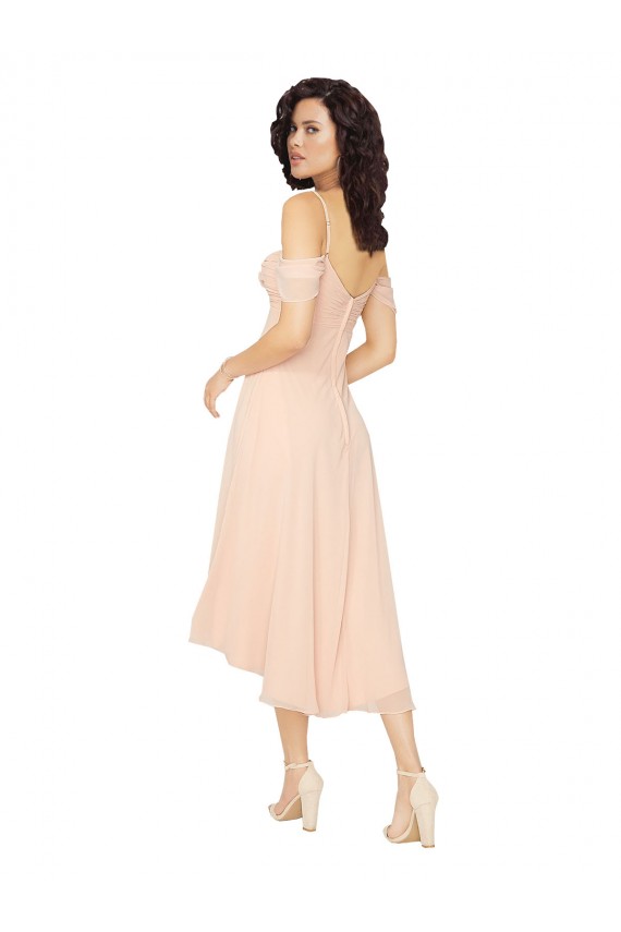 Square Neck Midi Length Soft Chiffon Ice Pink Cold Shoulder High Low Bridesmaid Dress Victoria