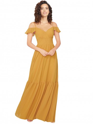 Sweetheart Long Soft Chiffon Saffron Cold Shoulder Bridesmaid Dress Victoria