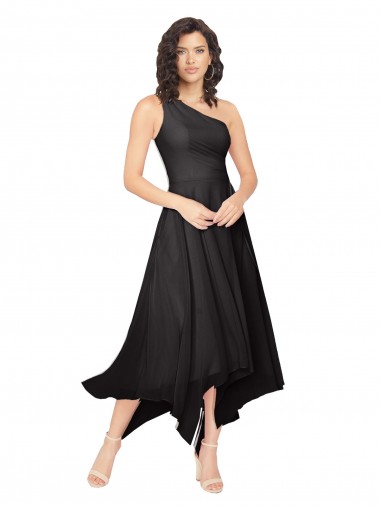 Strapless Midi Length Soft Chiffon Black Sleeveless High Low Bridesmaid Dress Victoria
