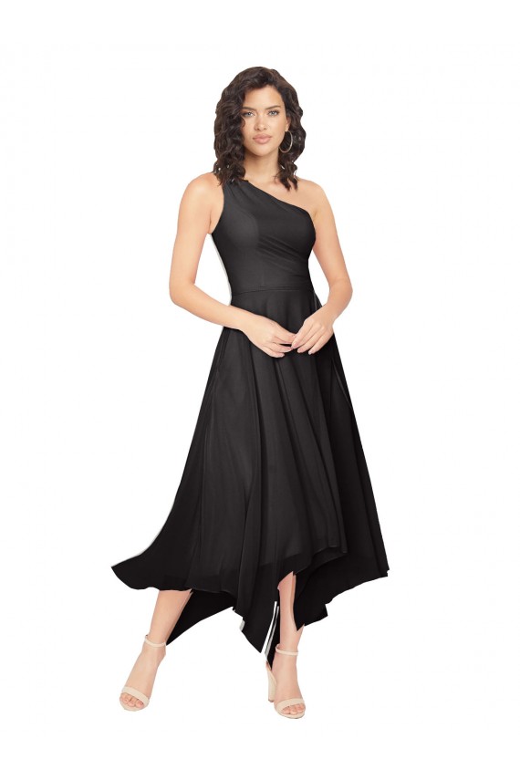 Strapless Midi Length Soft Chiffon Black Sleeveless High Low Bridesmaid Dress Victoria