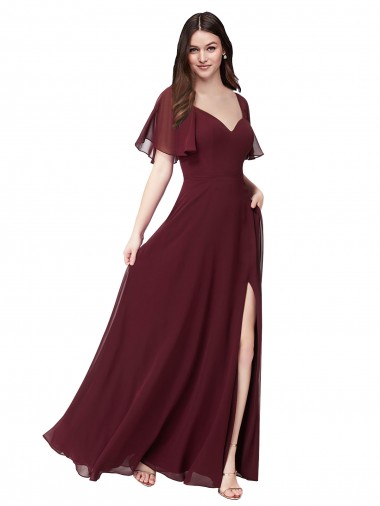 Sweetheart Long Soft Chiffon Burgundy Gold Short Flutter Sleeves Formal Dress / Bridesmaid Dress Victoria