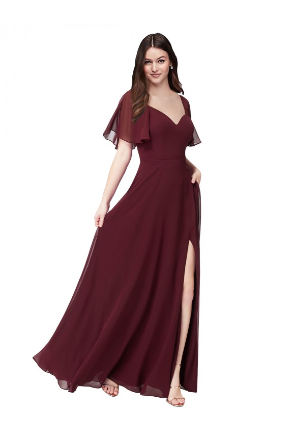 Sweetheart Long Soft Chiffon Burgundy Gold Short Flutter Sleeves Formal Dress / Bridesmaid Dress Victoria