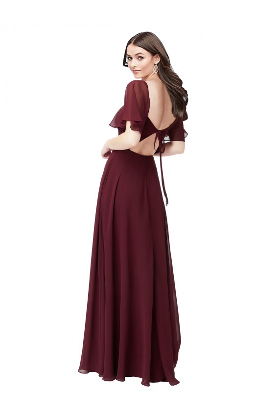 Sweetheart Long Soft Chiffon Burgundy Gold Short Flutter Sleeves Formal Dress / Bridesmaid Dress Victoria