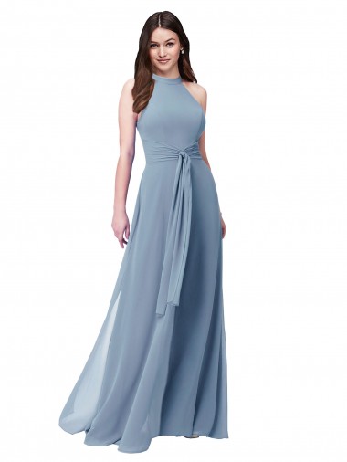 High Neck Long Chiffon Dusty Blue Sleeveless Bridesmaid Formal Dress Victoria