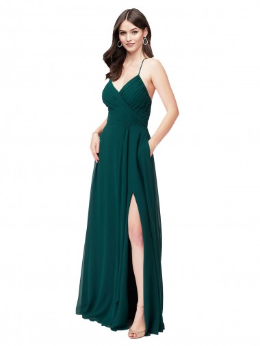 V-Neck Long Chiffon Hunter Green Sleeveless Wedding Party Dress Victoria