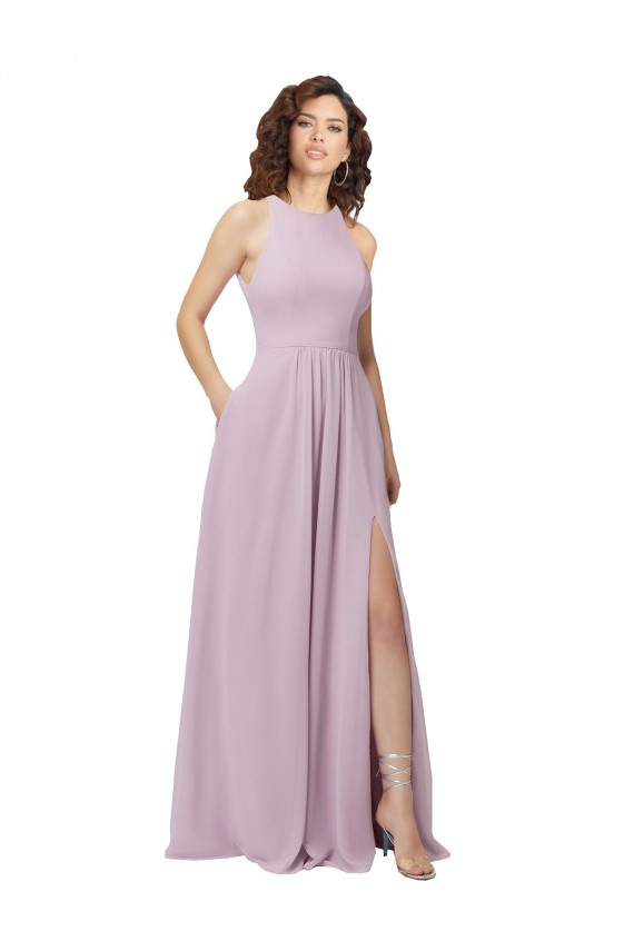 High Neck Long Soft Chiffon Pink Glow Sleeveless Bridesmaid Dress Victoria