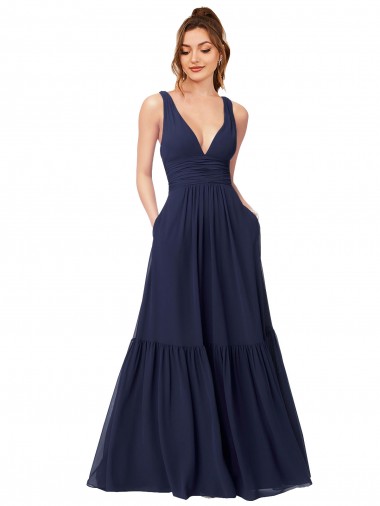 V-Neck Long Full Length Chiffon Dark Navy Sleeveless Evening Gowns / Bridesmaid Dress Victoria