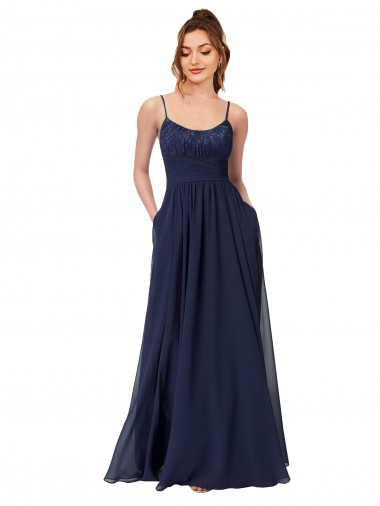 Scoop Neck Long Soft Chiffon & Lace Dark Navy Sleeveless Bridesmaid Dress Victoria