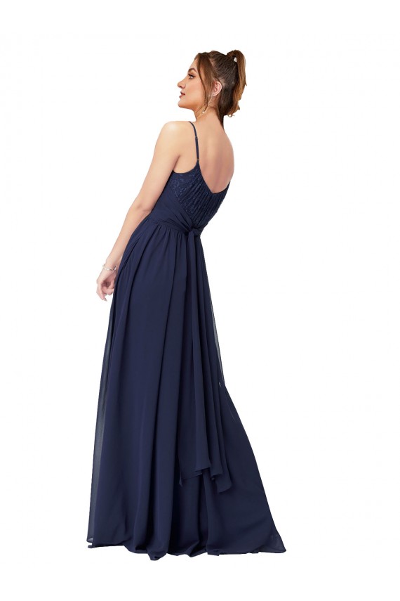 Scoop Neck Long Soft Chiffon & Lace Dark Navy Sleeveless Bridesmaid Dress Victoria