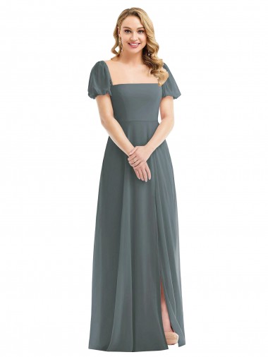 Square Neck Long Soft Chiffon Slate Grey Puff Sleeves Semi Formal Evening Dress / Bridesmaid Dress Victoria