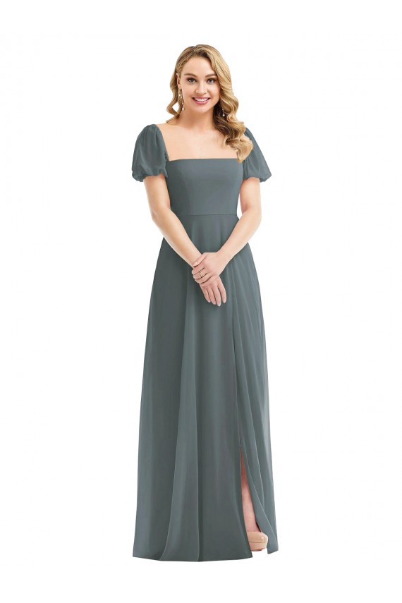 Square Neck Long Soft Chiffon Slate Grey Puff Sleeves Semi Formal Evening Dress / Bridesmaid Dress Victoria