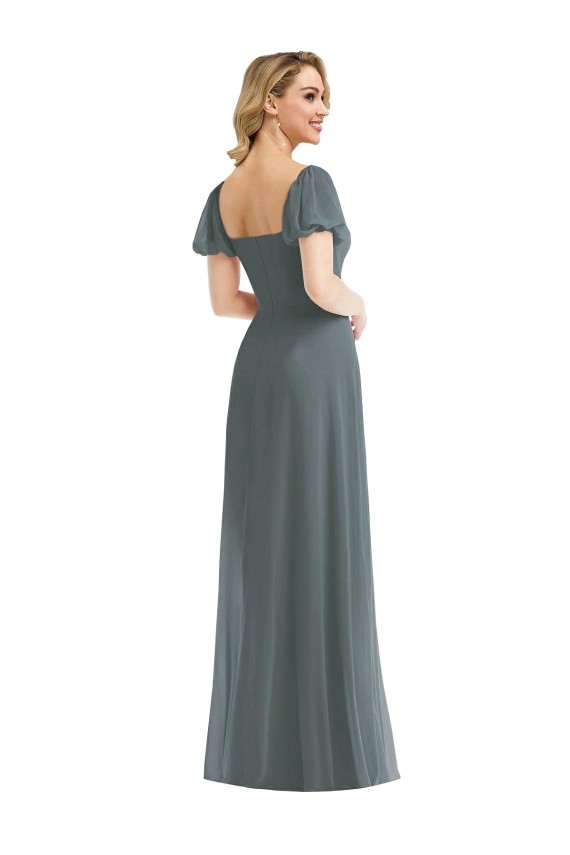 Square Neck Long Soft Chiffon Slate Grey Puff Sleeves Semi Formal Evening Dress / Bridesmaid Dress Victoria