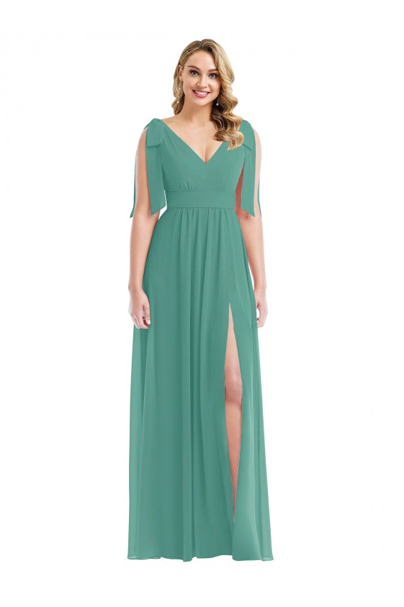 V-Neck Long Soft Chiffon Icelandic Silver Sleeveless Semi Formal Evening Dress / Bridesmaid Dress Victoria
