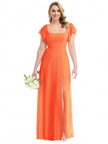 Square Neck Long Soft Chiffon Tangerine Tango Flutter Sleeves Semi Formal Evening Dress / Bridesmaid Dress Victoria
