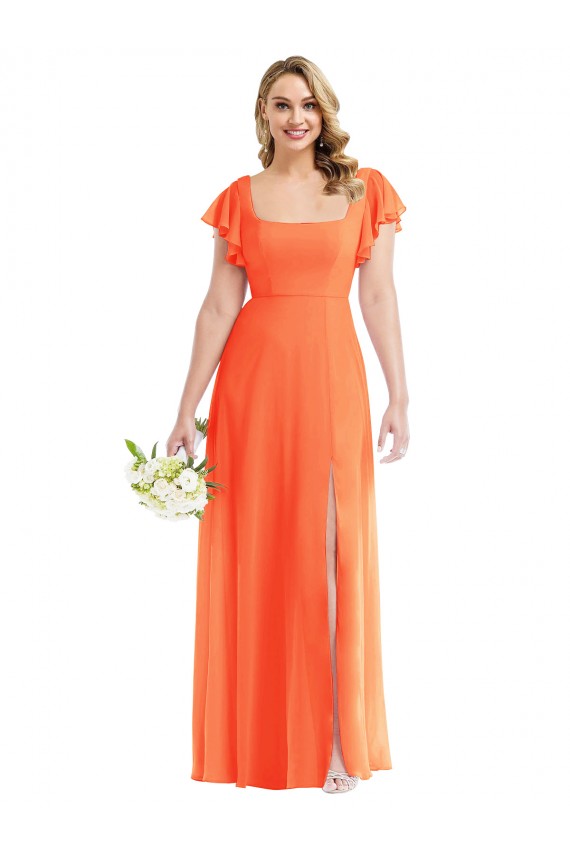 Square Neck Long Soft Chiffon Tangerine Tango Flutter Sleeves Semi Formal Evening Dress / Bridesmaid Dress Victoria