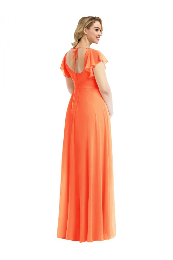 Square Neck Long Soft Chiffon Tangerine Tango Flutter Sleeves Semi Formal Evening Dress / Bridesmaid Dress Victoria