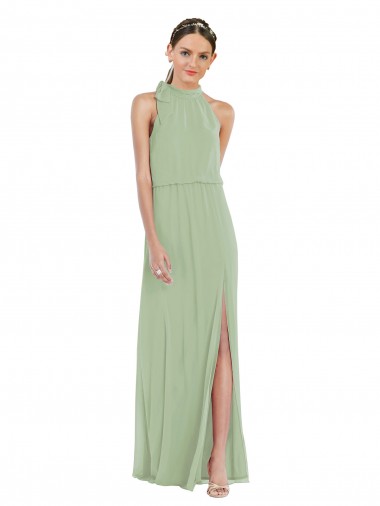 High Neck Long Soft Chiffon Smoke Green Sleeveless Semi Formal Evening Dress / Bridesmaid Dress Victoria