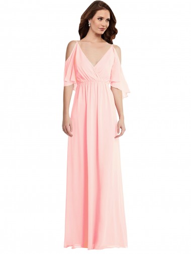 V-Neck Long Soft Chiffon Pink Cold Shoulder Semi Formal Evening Dress / Bridesmaid Dress Victoria