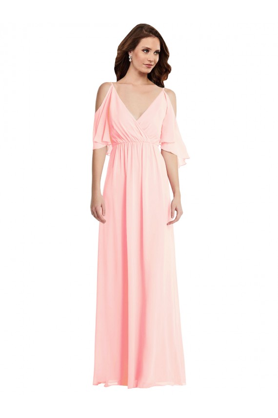 V-Neck Long Soft Chiffon Pink Cold Shoulder Semi Formal Evening Dress / Bridesmaid Dress Victoria