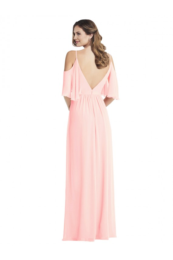 V-Neck Long Soft Chiffon Pink Cold Shoulder Semi Formal Evening Dress / Bridesmaid Dress Victoria