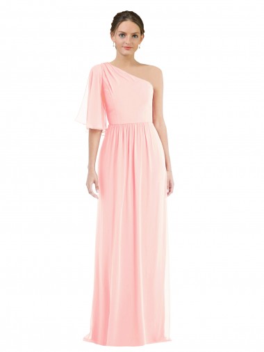 One Shoulder Long Soft Chiffon Pink Bell Sleeves Semi Formal Evening Dress / Bridesmaid Dress Victoria