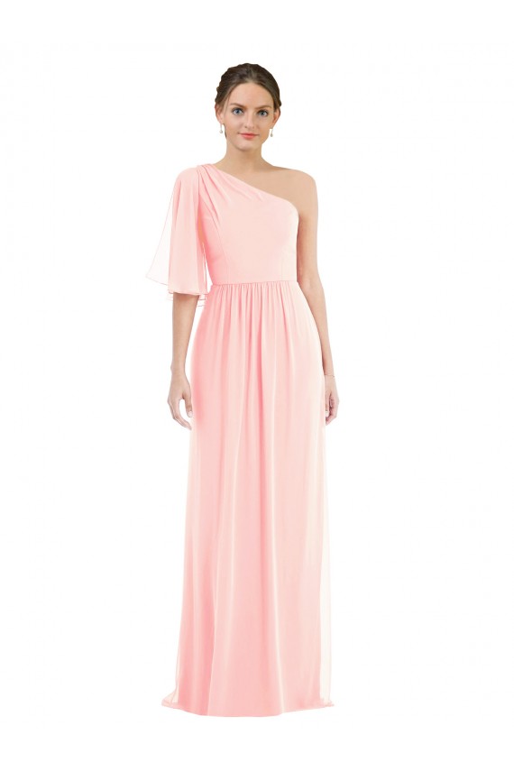 One Shoulder Long Soft Chiffon Pink Bell Sleeves Semi Formal Evening Dress / Bridesmaid Dress Victoria
