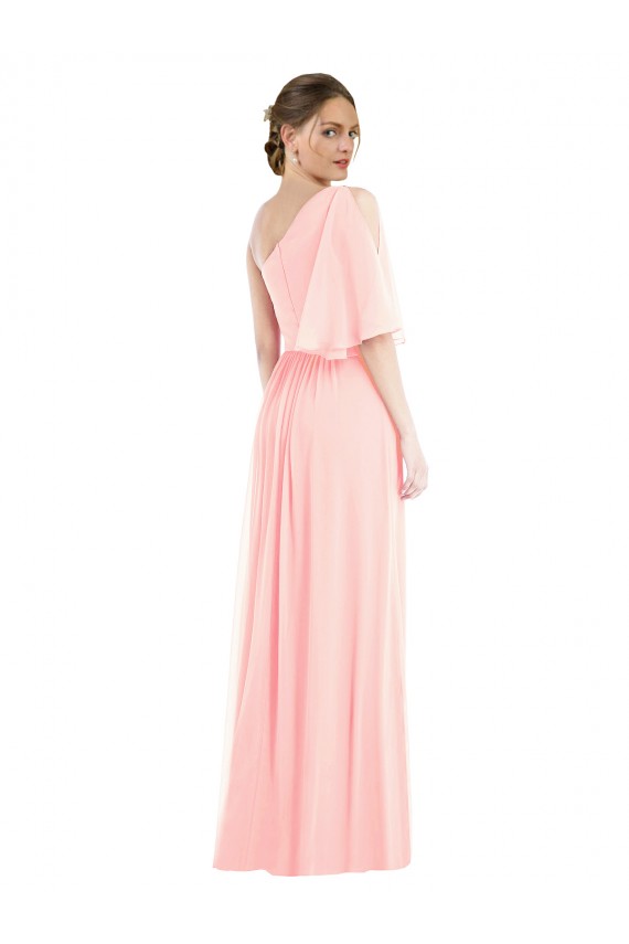 One Shoulder Long Soft Chiffon Pink Bell Sleeves Semi Formal Evening Dress / Bridesmaid Dress Victoria