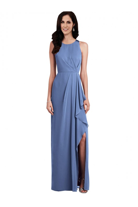 Jewel Neck Long Soft Chiffon Windsor Blue Sleeveless Bridesmaid Dress Victoria