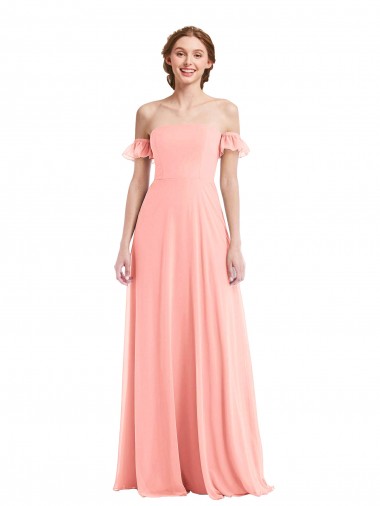 Off the Shoulder Long Soft Chiffon Salmon Flutter Sleeves Semi Formal Evening Dress / Bridesmaid Dress Victoria
