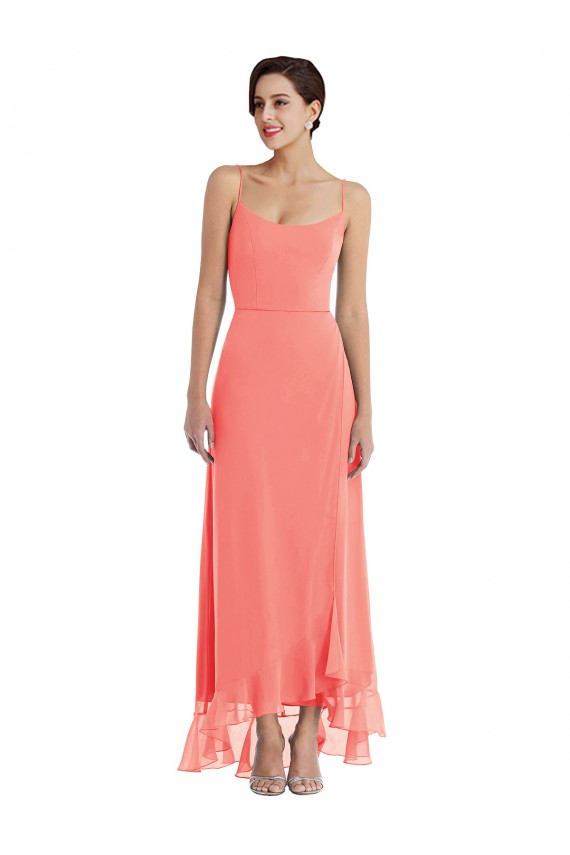 Scoop Neck Long Soft Chiffon Coral Sleeveless High Low Bridesmaid Dress Victoria