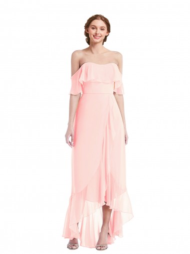 Off the Shoulder Long Soft Chiffon Pink Sleeveless High Low Bridesmaid Dress Victoria