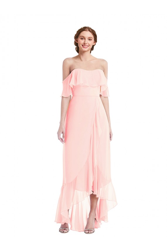 Off the Shoulder Long Soft Chiffon Pink Sleeveless High Low Bridesmaid Dress Victoria
