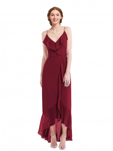 V-Neck Long Soft Chiffon Burgundy Sleeveless High Low Evening Gown / Bridesmaid Dress Victoria