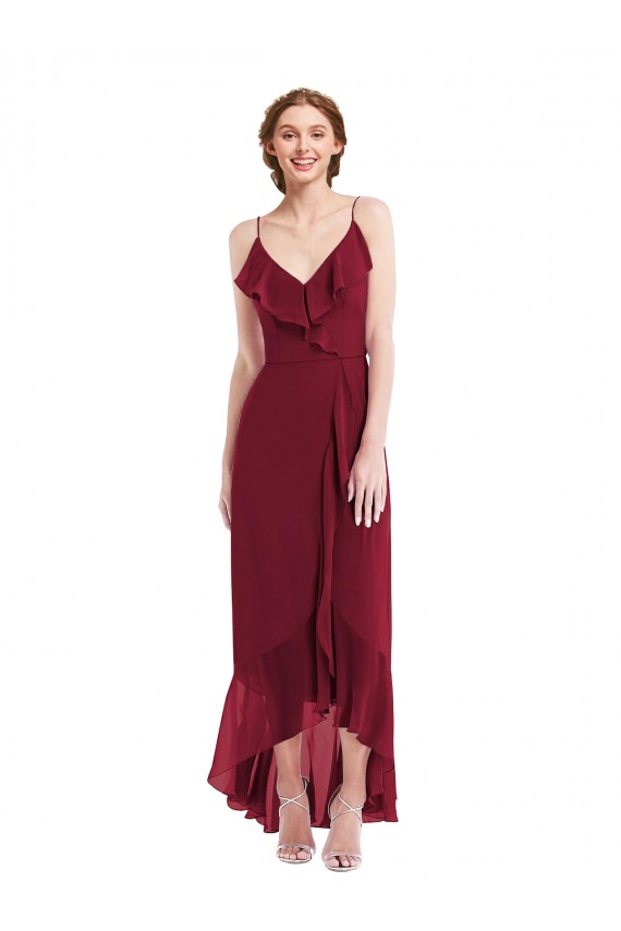 V-Neck Long Soft Chiffon Burgundy Sleeveless High Low Evening Gown / Bridesmaid Dress Victoria