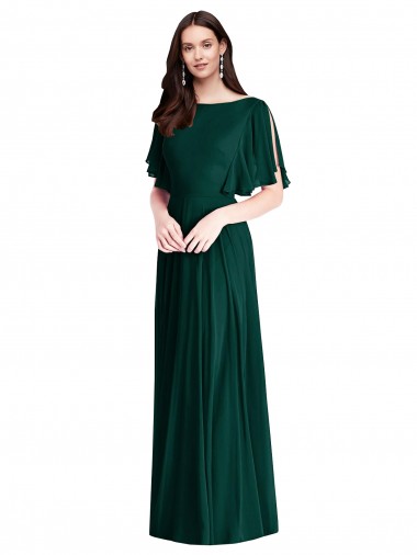 Bateau Neck Long Soft Chiffon Ever Green Bell Sleeves Semi Formal Evening Dress / Bridesmaid Dress Victoria
