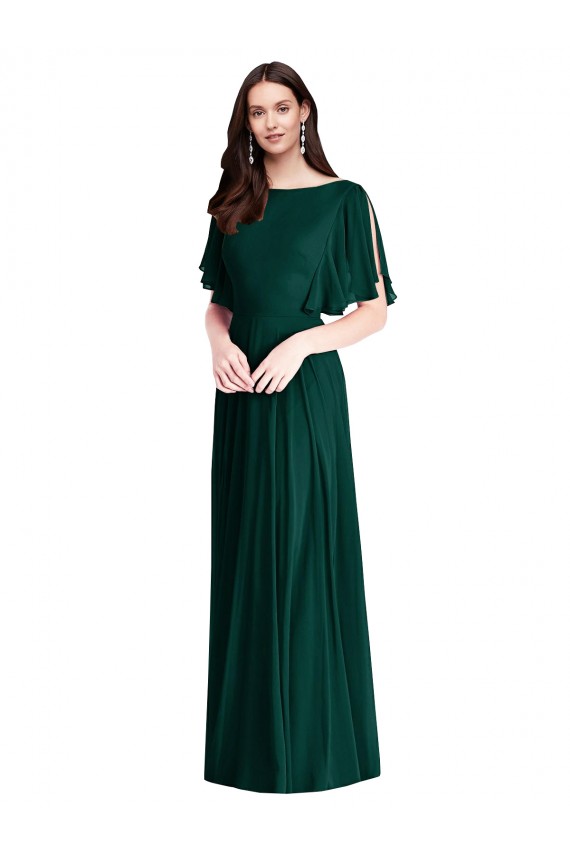 Bateau Neck Long Soft Chiffon Ever Green Bell Sleeves Semi Formal Evening Dress / Bridesmaid Dress Victoria