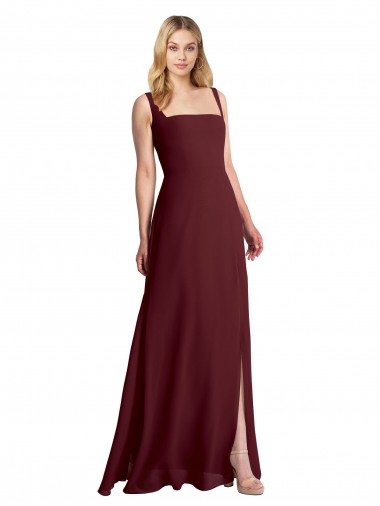 Square Neck Long Soft Chiffon Burgundy Gold Sleeveless Bridesmaid Dress Victoria
