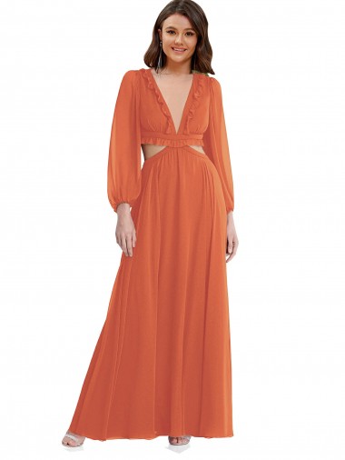 V-Neck Long Soft Chiffon Firecracker Long Sleeves High Low Evening Gown / Bridesmaid Dress Victoria