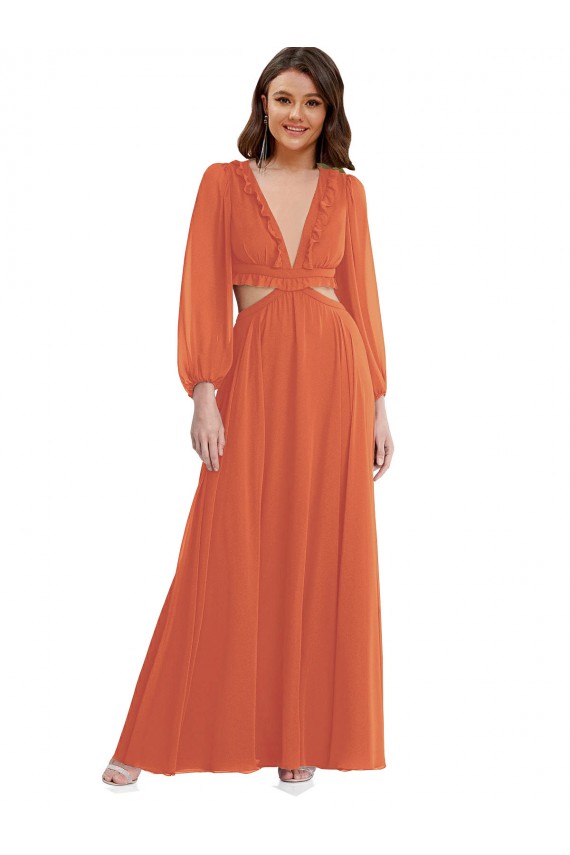 V-Neck Long Soft Chiffon Firecracker Long Sleeves High Low Evening Gown / Bridesmaid Dress Victoria