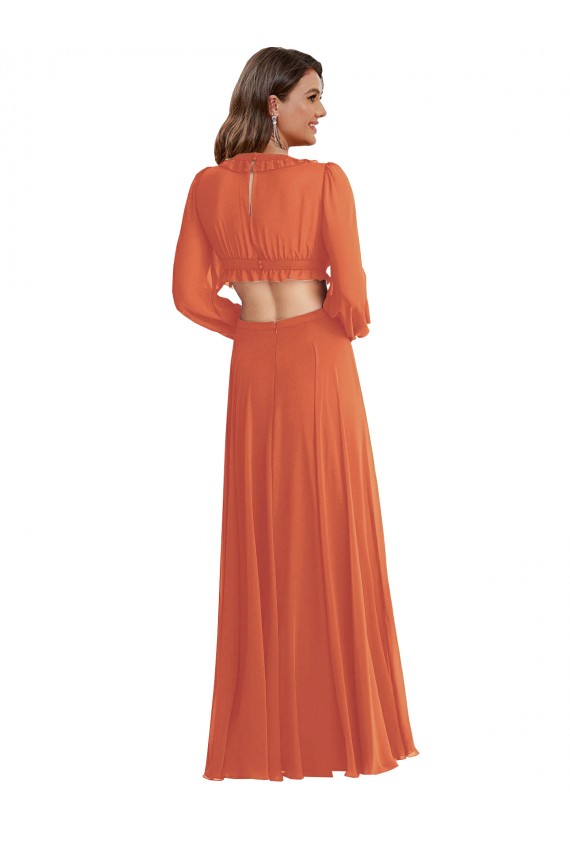 V-Neck Long Soft Chiffon Firecracker Long Sleeves High Low Evening Gown / Bridesmaid Dress Victoria