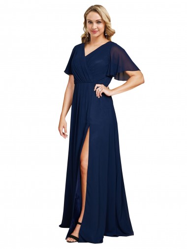 V-Neck Long Soft Chiffon Dark Navy Short Flutter Sleeves Formal Plus Size Evening Gown / Prom Dress / Bridesmaid Dress Victoria