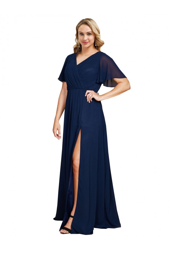 V-Neck Long Soft Chiffon Dark Navy Short Flutter Sleeves Formal Plus Size Evening Gown / Prom Dress / Bridesmaid Dress Victoria