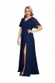 V-Neck Long Soft Chiffon Dark Navy Short Flutter Sleeves Formal Plus Size Evening Gown / Prom Dress / Bridesmaid Dress Victoria